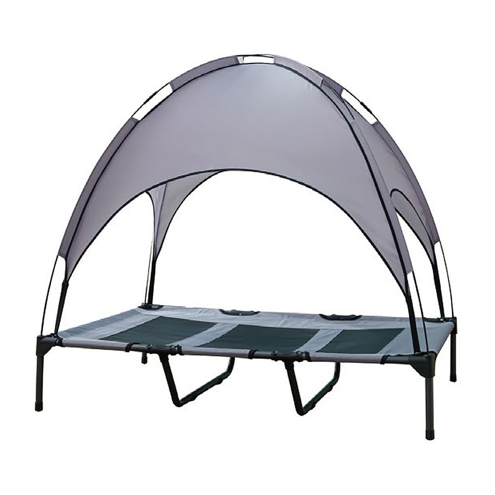 Gray elevated dog bed with shade canopy