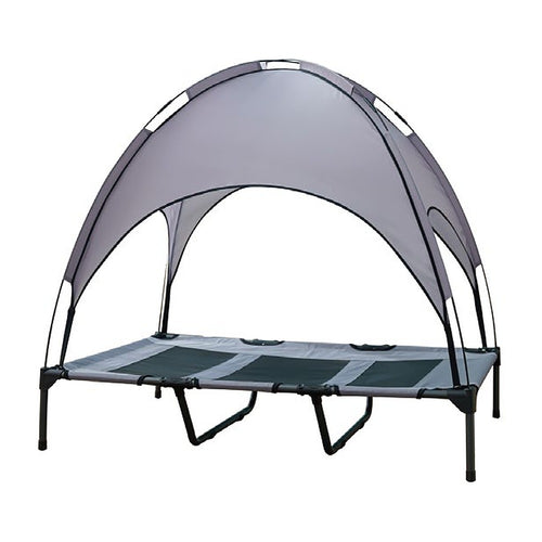 Gray elevated dog bed with shade canopy