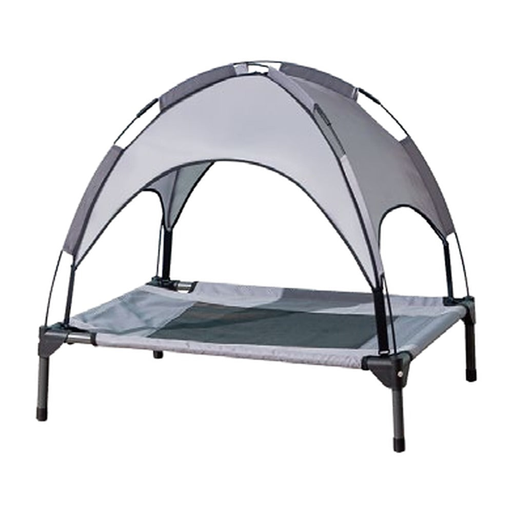 Gray elevated dog cot with canopy, front view