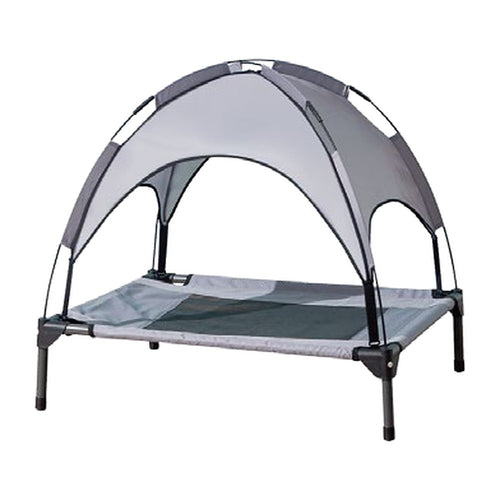 Gray elevated dog cot with canopy, front view