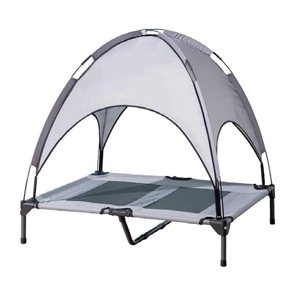 Gray elevated dog bed with canopy, angled view